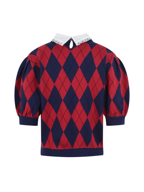 Red Short Puff Sleeve Argyle Top | Dahyun - Twice 4 Red Short Puff Sleeve Argyle Top | Dahyun - Twice - Image 2