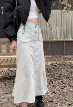 Beige Denim Mermaid Midi Skirt | Danielle - NewJeans -Amped Apparel Danielle NewJeans Beige Denim Mermaid Midi Skirt 2