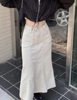 Beige Denim Mermaid Midi Skirt | Danielle - NewJeans -Amped Apparel Danielle NewJeans Beige Denim Mermaid Midi Skirt 4 600x776 1