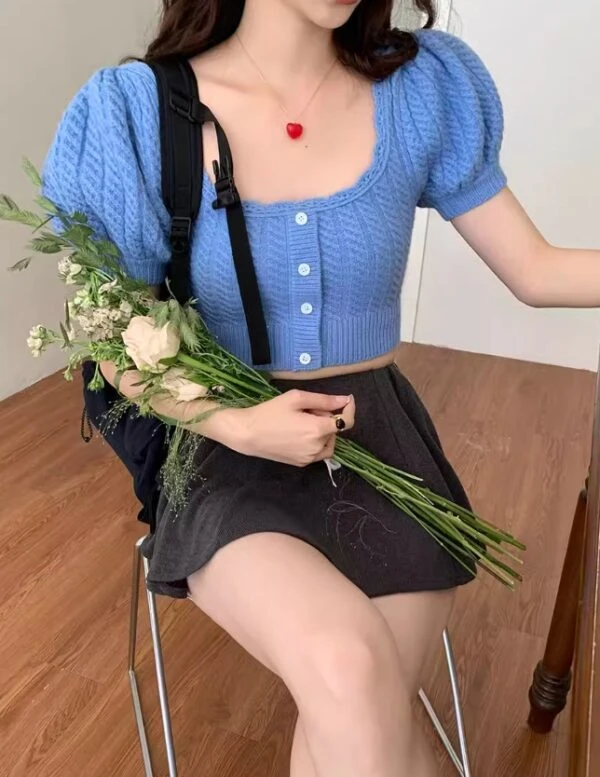 Blue Puff Sleeve Knitted Top | Danielle - NewJeans 4 Blue Puff Sleeve Knitted Top | Danielle - NewJeans - Image 2