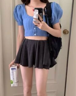 Blue Puff Sleeve Knitted Top | Danielle - NewJeans 13 Blue Puff Sleeve Knitted Top | Danielle - NewJeans -Amped Apparel Danielle NewJeans Blue Puff Sleeve Knitted Top 3