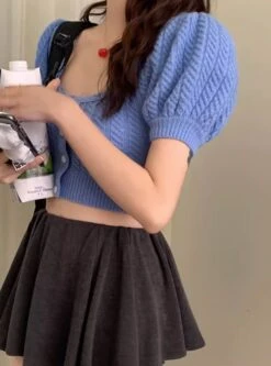 Blue Puff Sleeve Knitted Top | Danielle - NewJeans 12 Blue Puff Sleeve Knitted Top | Danielle - NewJeans -Amped Apparel Danielle NewJeans Blue Puff Sleeve Knitted Top 5