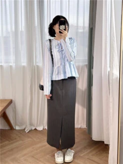 White Striped Peplum Blouse | Danielle - NewJeans -Amped Apparel Danielle NewJeans White Striped Peplum Blouse 11 600x800 1