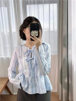 White Striped Peplum Blouse | Danielle - NewJeans -Amped Apparel Danielle NewJeans White Striped Peplum Blouse 12 600x800 1