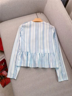 White Striped Peplum Blouse | Danielle - NewJeans -Amped Apparel Danielle NewJeans White Striped Peplum Blouse 13 600x800 1