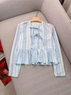 White Striped Peplum Blouse | Danielle - NewJeans -Amped Apparel Danielle NewJeans White Striped Peplum Blouse 16 600x800 1