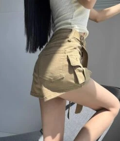 Brown Multi-Pocket Buckled Shorts | E:U - Everglow -Amped Apparel EU Everglow Brown Multi Pocket Buckled Shorts 3 600x706 1