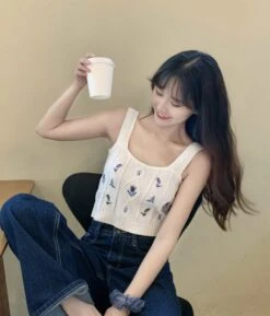 White Floral Embroidered Knitted Crop Top | E:U - Everglow -Amped Apparel EU Everglow Floral Embroidered White Knitted Top 3 600x701 1