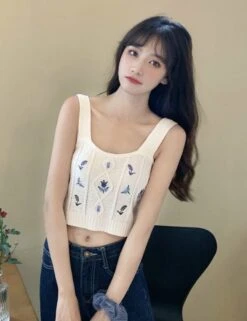 White Floral Embroidered Knitted Crop Top | E:U - Everglow -Amped Apparel EU Everglow Floral Embroidered White Knitted Top 4 600x779 1