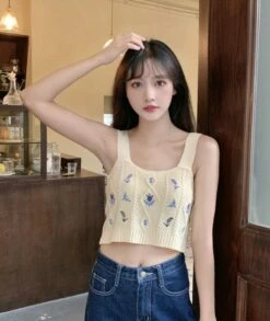 White Floral Embroidered Knitted Crop Top | E:U - Everglow -Amped Apparel EU Everglow Floral Embroidered White Knitted Top 9 600x712 1