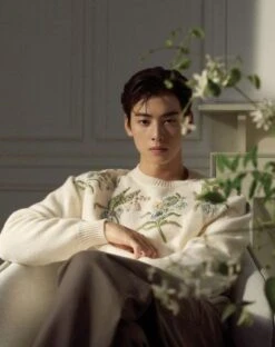 White Flower Embroidered Knitted Sweater | Eunwoo - Astro -Amped Apparel Eunwoo Astro White Floral Embroidered Knitted Sweater 1