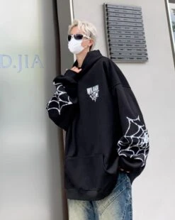 Black Spider Web Printed Hoodie | Felix - Stray Kids -Amped Apparel Felix Stray Kids Black Spider Web Printed Hoodie 9