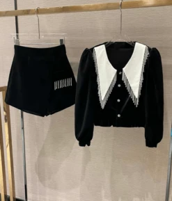 Black Bead Tassel Velvet Blouse And Skort Set | Giselle - Aespa -Amped Apparel Giselle Aespa Black Bead Tassel Velvet Blouse and Skort Set 2 600x701 1