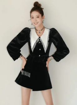 Black Bead Tassel Velvet Blouse And Skort Set | Giselle - Aespa