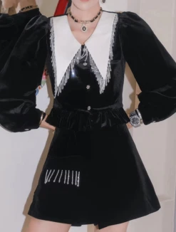 Black Bead Tassel Velvet Blouse And Skort Set | Giselle - Aespa -Amped Apparel Giselle Aespa Black Bead Tassel Velvet Blouse and Skort Set 6