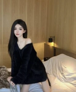 Black Fuzzy V-Neck Dress | Giselle - Aespa -Amped Apparel Giselle Aespa Black Fuzzy V Neck Dress 2 1 600x727 1