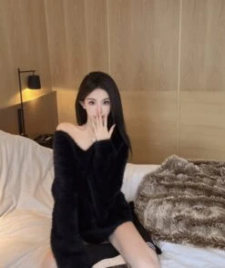 Black Fuzzy V-Neck Dress | Giselle - Aespa -Amped Apparel Giselle Aespa Black Fuzzy V Neck Dress 3 1 600x713 1