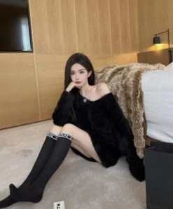 Black Fuzzy V-Neck Dress | Giselle - Aespa -Amped Apparel Giselle Aespa Black Fuzzy V Neck Dress 4 1 600x723 1