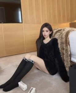 Black Fuzzy V-Neck Dress | Giselle - Aespa -Amped Apparel Giselle Aespa Black Fuzzy V Neck Dress 5 1 600x726 1