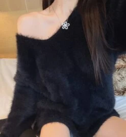 Black Fuzzy V-Neck Dress | Giselle - Aespa -Amped Apparel Giselle Aespa Black Fuzzy V Neck Dress 6 1 600x650 1