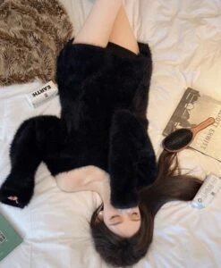 Black Fuzzy V-Neck Dress | Giselle - Aespa -Amped Apparel Giselle Aespa Black Fuzzy V Neck Dress 7 1 600x729 1