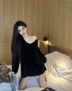 Black Fuzzy V-Neck Dress | Giselle - Aespa