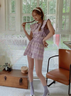 Lilac Plaid Short | Giselle - Aespa -Amped Apparel Giselle Aespa Lilac Plaid Short 4