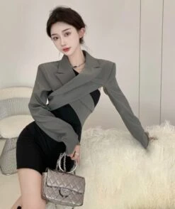 Grey Cropped Suit Blazer Top | Jennie - BlackPink