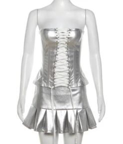 Grey Metallic Lace-Up Tube Top | Lisa - BlackPink