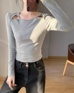 Grey Shoulder Cut-Out Top | Kazuha - Le Sserafim -Amped Apparel Grey Shoulder Cut Out Top Kazuha Le Sserafim 1 600x750 1