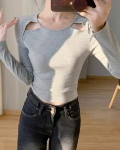 Grey Shoulder Cut-Out Top | Kazuha - Le Sserafim