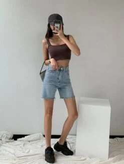 Blue Raw Edge Denim Shorts | Haerin - NewJeans -Amped Apparel Haerin NewJeans Blue Raw Edge Denim Shorts 2 600x790 1