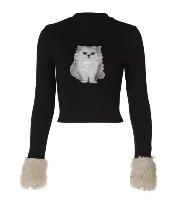 Black Cat Print Long Sleeve Top | Hanni - NewJeans 4 Black Cat Print Long Sleeve Top | Hanni - NewJeans - Image 2