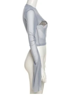 Blue Beaded Cross Mesh Top | Hanni - NewJeans -Amped Apparel Hanni NewJeans Blue Beaded Cross Mesh Top 1