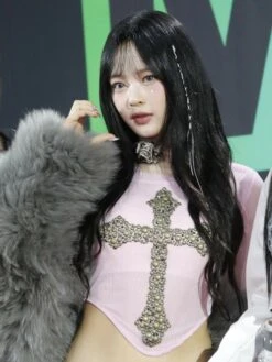 Blue Beaded Cross Mesh Top | Hanni - NewJeans -Amped Apparel Hanni NewJeans Blue Beaded Cross Mesh Top 1 600x800 1