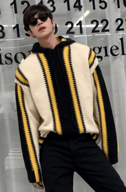 Beige Colorblock Stripe Patterned Hoodie | Hongjoong - ATEEZ -Amped Apparel Hongjoong ATEEZ Colorblock Stripe Patterned Hoodie 3