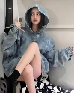 Blue Oversized Denim Hoodie | Hoshi - Seventeen -Amped Apparel Hoshi Seventeen Blue Oversized Denim Hoodie 4 600x752 1