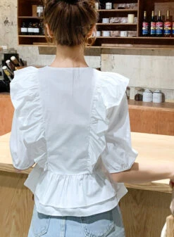 White Ruffle Detail Peplum Blouse | Hyuna -Amped Apparel Hyuna White Ruffle Detail Peplum Top 6