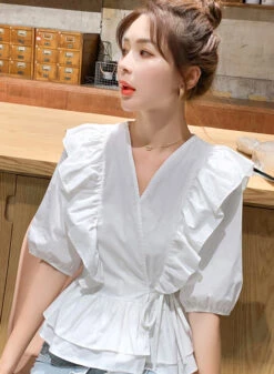 White Ruffle Detail Peplum Blouse | Hyuna -Amped Apparel Hyuna White Ruffle Detail Peplum Top 7