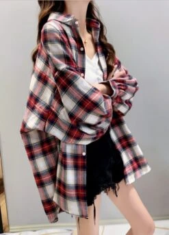 Loose Plaid Long-Sleeved Shirt | Hyunjin - Loona -Amped Apparel Hyunjin Loona Loose Plaid Long Sleeved Shirt pc 2