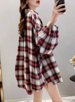 Loose Plaid Long-Sleeved Shirt | Hyunjin - Loona -Amped Apparel Hyunjin Loona Loose Plaid Long Sleeved Shirt pc 3
