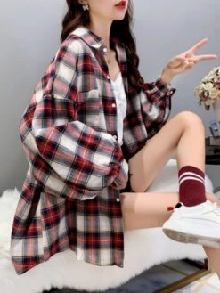 Loose Plaid Long-Sleeved Shirt | Hyunjin - Loona -Amped Apparel Hyunjin Loona Loose Plaid Long Sleeved Shirt pc 7