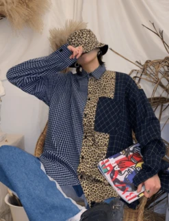Blue Leopard Plaid Patchwork Shirt | Hyunjin - Stray Kids