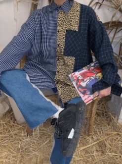 Blue Leopard Plaid Patchwork Shirt | Hyunjin - Stray Kids -Amped Apparel Hyunjin Stray Kids Blue Leopard Plaid Patchwork Shirt 10 600x803 1