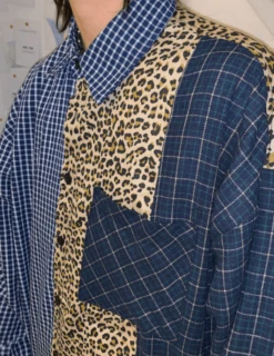 Blue Leopard Plaid Patchwork Shirt | Hyunjin - Stray Kids -Amped Apparel Hyunjin Stray Kids Blue Leopard Plaid Patchwork Shirt 12 600x778 1