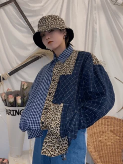 Blue Leopard Plaid Patchwork Shirt | Hyunjin - Stray Kids -Amped Apparel Hyunjin Stray Kids Blue Leopard Plaid Patchwork Shirt 4