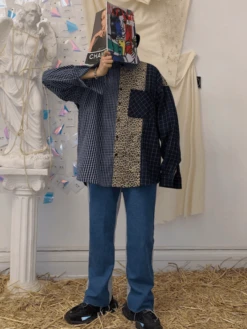 Blue Leopard Plaid Patchwork Shirt | Hyunjin - Stray Kids -Amped Apparel Hyunjin Stray Kids Blue Leopard Plaid Patchwork Shirt 5
