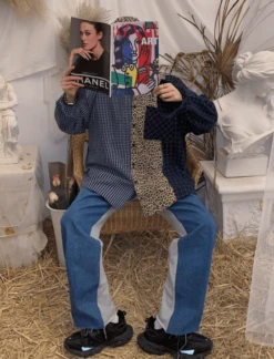 Blue Leopard Plaid Patchwork Shirt | Hyunjin - Stray Kids -Amped Apparel Hyunjin Stray Kids Blue Leopard Plaid Patchwork Shirt 7