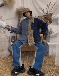 Blue Leopard Plaid Patchwork Shirt | Hyunjin - Stray Kids -Amped Apparel Hyunjin Stray Kids Blue Leopard Plaid Patchwork Shirt 8 600x782 1