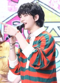 Orange And Green Striped Cotton Polo Shirt | Hyunjin - Stray Kids -Amped Apparel Hyunjin Stray Kids Striped Cotton Polo Top 18 600x820 1